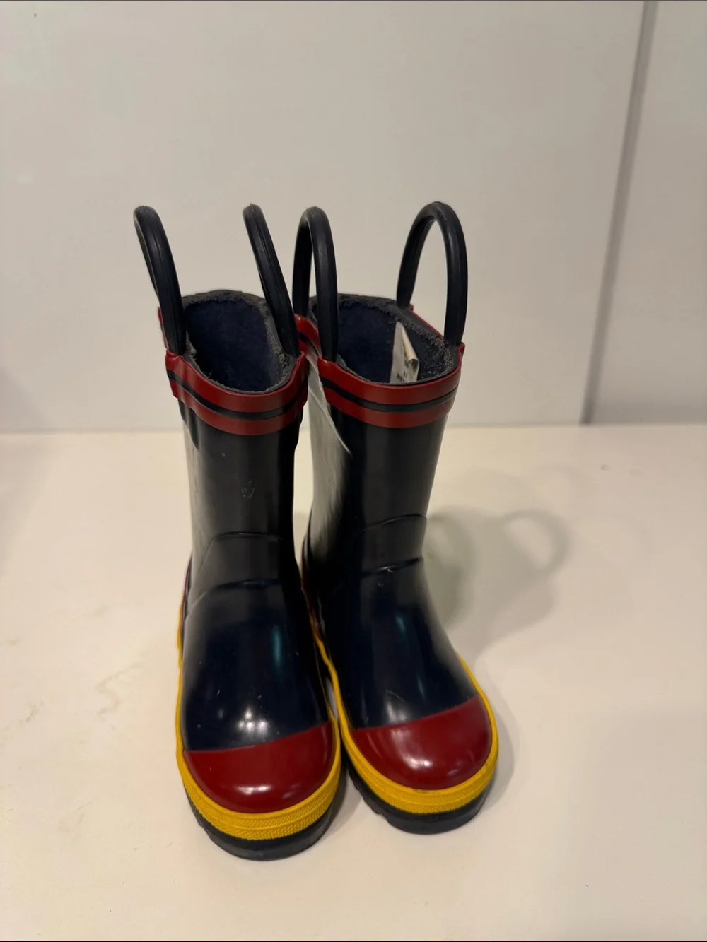 Used lands end Kids Black Rain Boots with Red & Yellow Trim 5M